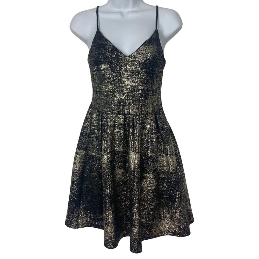 Soprano Black Gold Metallic Mini Dress Small Sleeveless Fit & Flare Party Rush